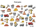 Construction worksheet matching game with colorful tools and vehicles Royalty Free Stock Photo