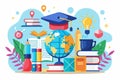 An illustration featuring a globe, books, and various learning tools with bright colors and educational symbols, Education and Royalty Free Stock Photo