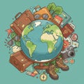 Illustration featuring a globe surrounded by travel-related items like Royalty Free Stock Photo