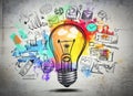 An illustration featuring a large lightbulb, a rocket launch, a cogwheel and a businessman Royalty Free Stock Photo