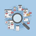 Illustration featuring a large magnifying glass at the center, surrounded by profile Royalty Free Stock Photo