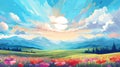 Colorful Cartoon Style Landscape Painting With Red Flowers And Mountains