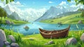 An illustration featuring a mountain valley scene with a lake and boat. Nature panorama, summer landscape with wooden Royalty Free Stock Photo