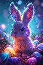 illustration featuring a neon - lit, cute Easter bunny surrounded by vibrant Easter eggs
