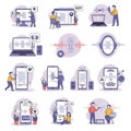 Illustration featuring people interacting with various digital devices like laptops, Royalty Free Stock Photo