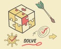 Illustration featuring a puzzle cube, arrow, target, checkmarks, and the word solve on a beige background Royalty Free Stock Photo