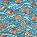 Illustration featuring seashells and ocean waves, creating a Royalty Free Stock Photo