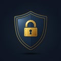 An illustration featuring a shield with a padlock emblem. The shield is dark blue with a Royalty Free Stock Photo