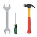 Illustration featuring three tools: an open-end wrench, a flathead screwdriver, and a Royalty Free Stock Photo