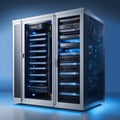 An illustration featuring a towering cold-blue AI server rack, filled with blinking LEDs and Royalty Free Stock Photo