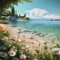 Illustration featuring a tranquil landscape of a lake surrounded by lush, colorful flowers