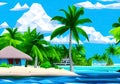 Illustration Featuring a Tropical Island Oasis with Lush Palm Trees, Crystal-Clear Blue Waters, and a Cozy Bungalow