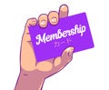 Illustration of female hand holding membership card, card written in japanese