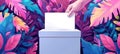 Illustration of Female hand placing a ballot into a voting box. Woman voting. Female voter. Tropical foliage background Royalty Free Stock Photo