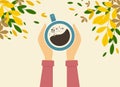 Illustration of female hands in a sweater holding a cup of coffee. There is a lot of autumn foliage nearby. Royalty Free Stock Photo