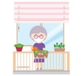 Illustration of a female pensioner or senior on a balcony with a protective mask or veil on her face. Cultivated and watered