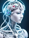 illustration of female robot. Woman's head of humanoid cyborg with electronic system. Generative AI Royalty Free Stock Photo