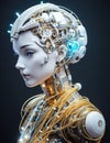 illustration of female robot. Woman& x27;s head of humanoid cyborg with electronic system. Generative AI Royalty Free Stock Photo