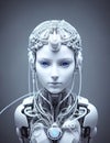 illustration of female robot. Woman& x27;s head of humanoid cyborg with electronic system. Generative AI