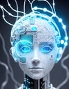 illustration of female robot. Woman's head of humanoid cyborg with electronic system. Generative AI