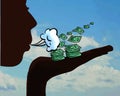 Illustration of a female silhouette blowing money with a cloudy sky on a background
