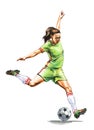 Illustration of Female soccer player kicking ball toward. Female Football player in action Royalty Free Stock Photo