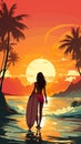 illustration of female surfer with surfboard at sunset, woman with surf board at beach, generative AI Royalty Free Stock Photo