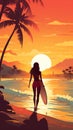 illustration of female surfer with surfboard at sunset, woman with surf board at beach, generative AI