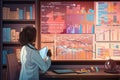 Illustration of a female trader analyzing the stock market on a monitor, A conceptual illustration of Medical Informatics and Royalty Free Stock Photo
