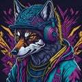 Illustration of a ferocious wolf wearing a hat and headphones. Ai generated.