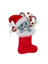 Festive Christmas stocking with kitten, watercolor Christmas decoration with red Santa`s boot and Christmas gifts isolated Royalty Free Stock Photo