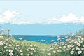 an illustration of a field of daisies with the ocean in the background