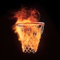 illustration of fiery basketball ball flying to hoop on black background