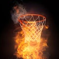 illustration of fiery basketball ball flying to hoop on black background