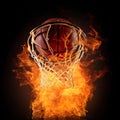 illustration of fiery basketball ball flying to hoop on black background