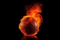 illustration of fiery basketball ball flying to hoop on black background