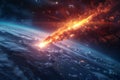 The fiery meteorite, resembling an exploding red fireball, falls towards the earth's surface in space. Royalty Free Stock Photo