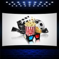 Illustration for the film industry. Popcorn, reel, film and clap Royalty Free Stock Photo