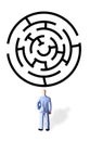 Illustration for finding best solution problem, Mini Figure Businessman Watching Black Rounded Maze with Two Alternative Way Out