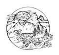 Illustration of fir, moon, clouds and Japanese waves.