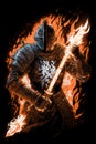 An illustration of fire wizard warrior with holding burning fire sword and flame background or fantasy and game character. Good