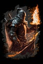 An illustration of fire wizard warrior with holdoing burning fire sword and flame background or fantasy and game character. Good