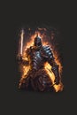 An illustration of fire wizard warrior with holdoing burning fire sword and flame background or fantasy and game character. Good