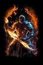 An illustration of fire wizard warrior with holdoing burning fire sword and flame background or fantasy and game character. Good