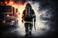 illustration, fireman at work fire truck background, ai generative Royalty Free Stock Photo
