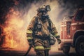 illustration, fireman at work fire truck background, ai generative Royalty Free Stock Photo