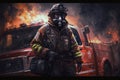 illustration, fireman at work fire truck background, ai generative