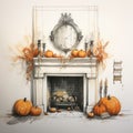 Whitewall Fireplace With Halloween Decor - Interior Design Sketch