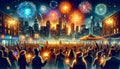 an illustration of fireworks being thrown in the city at night Royalty Free Stock Photo