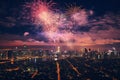 illustration of fireworks over the city. New Year firework. Generative AI